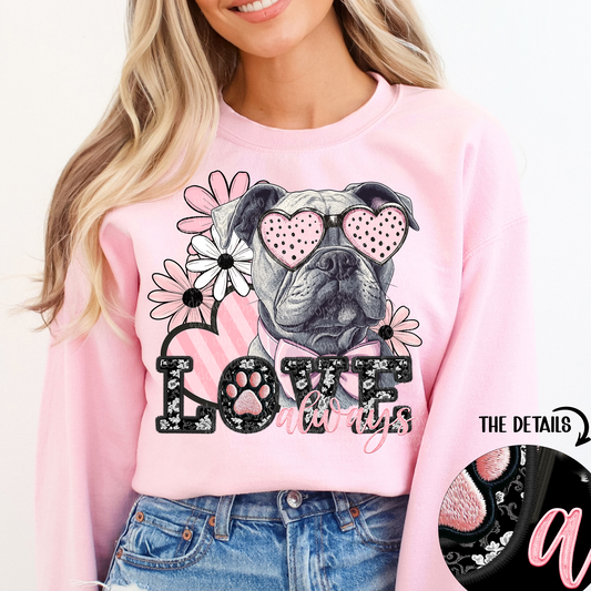 Love Always Grey American Bulldog Faux Embroidery DTF & Sublimation Transfer