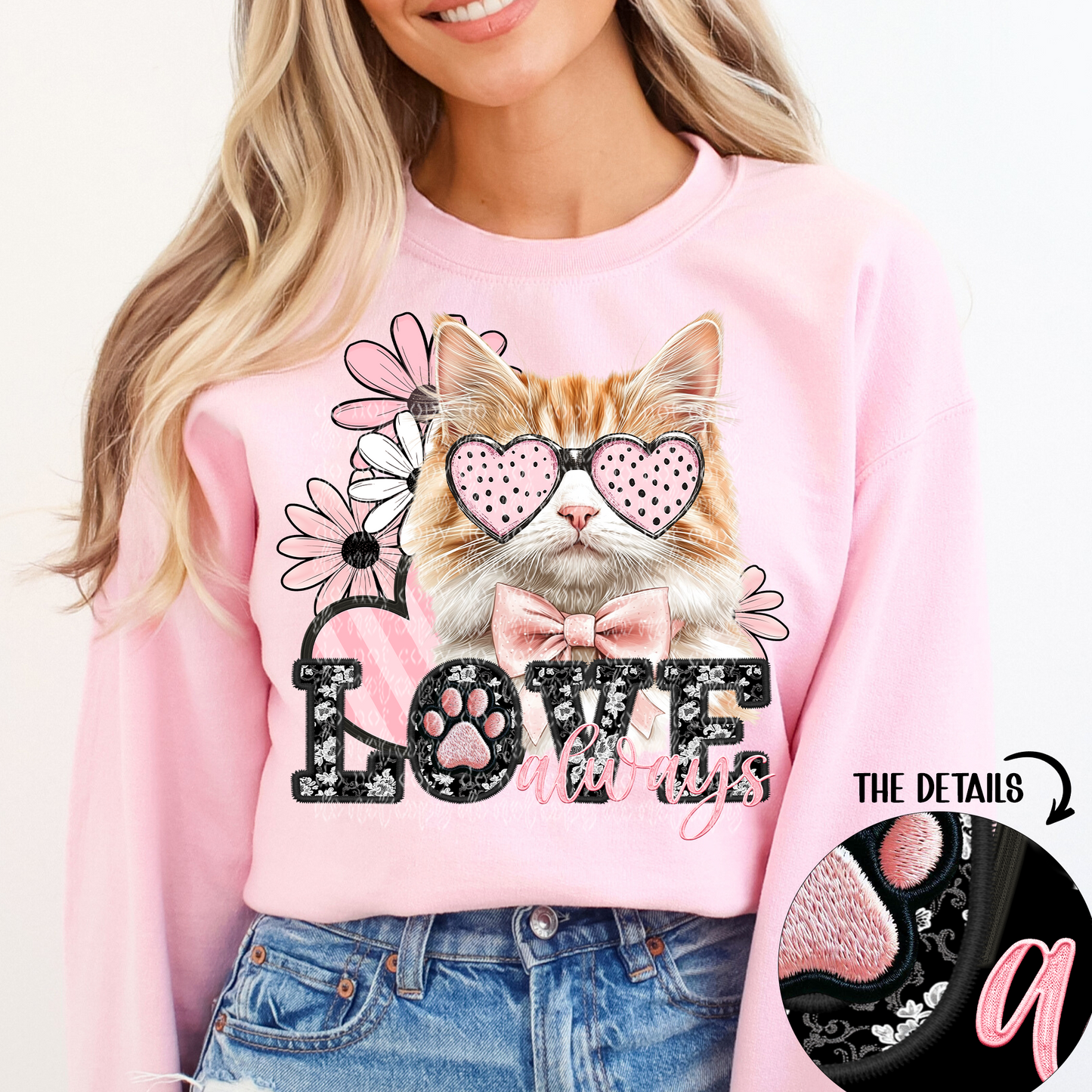 Love Always Orange and White Cat Faux Embroidery DTF & Sublimation Transfer