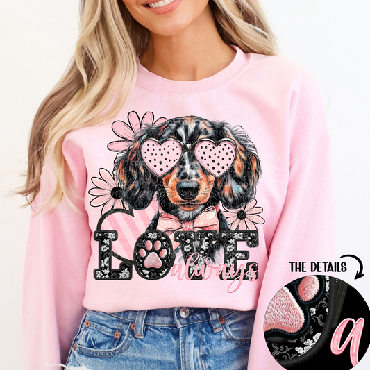 Love Always Piebald Long Haired Dachshund Faux Embroidery DTF & Sublimation Transfer