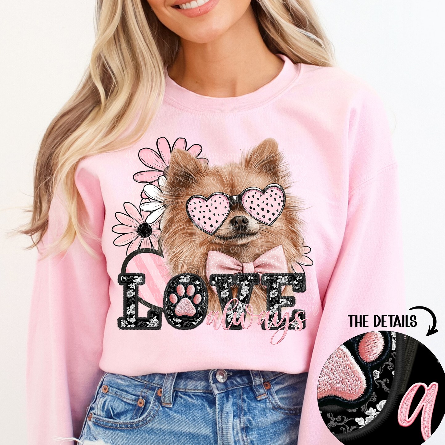 Love Always Pomeranian Faux Embroidery DTF & Sublimation Transfer