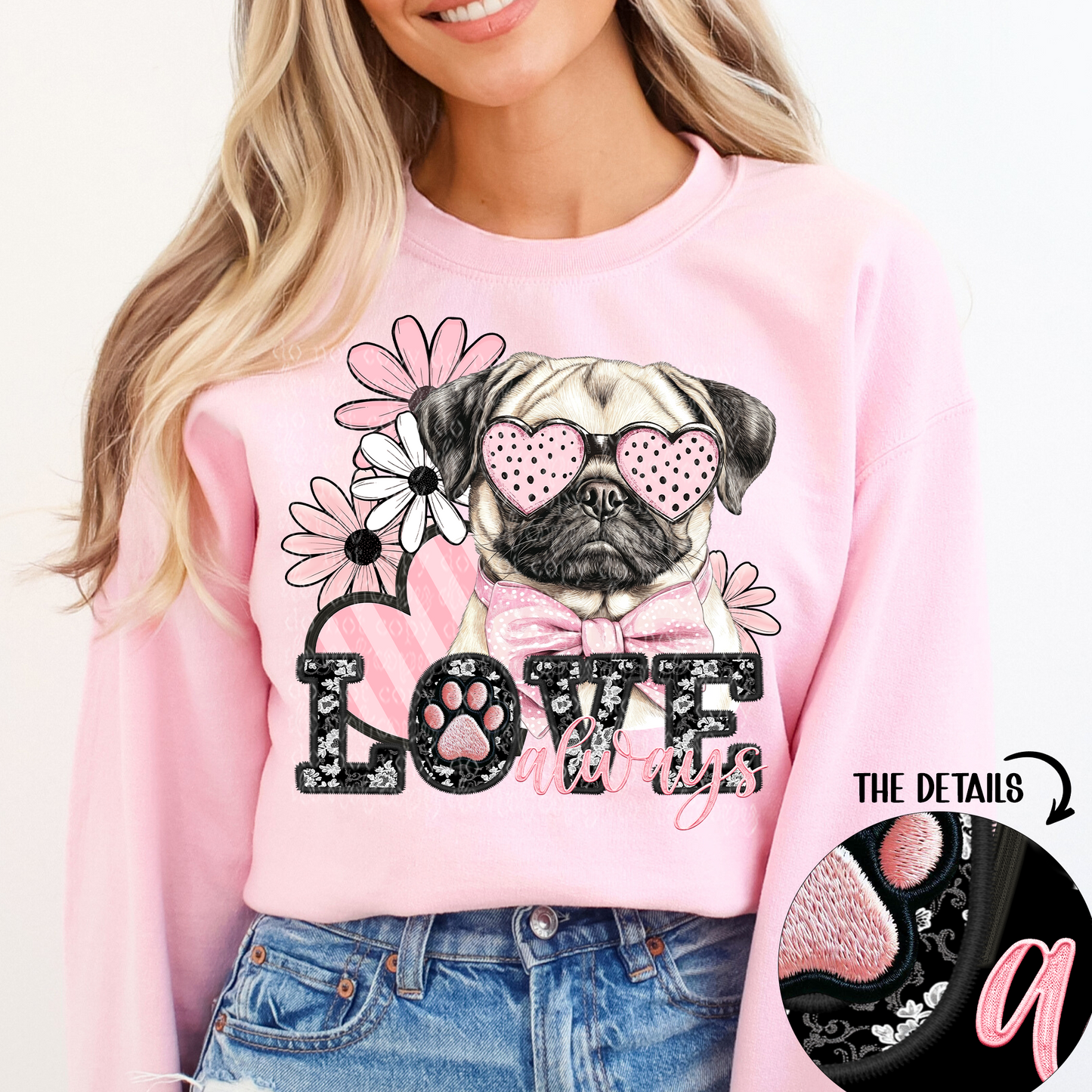 Love Always Pug Faux Embroidery DTF & Sublimation Transfer