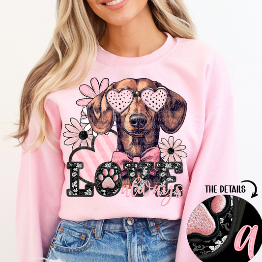 Love Always Red & Brown Dachshund Faux Embroidery DTF & Sublimation Transfer