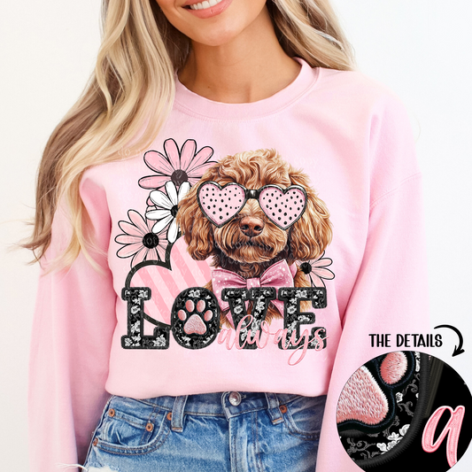 Love Always Red Labradoodle Faux Embroidery DTF & Sublimation Transfer