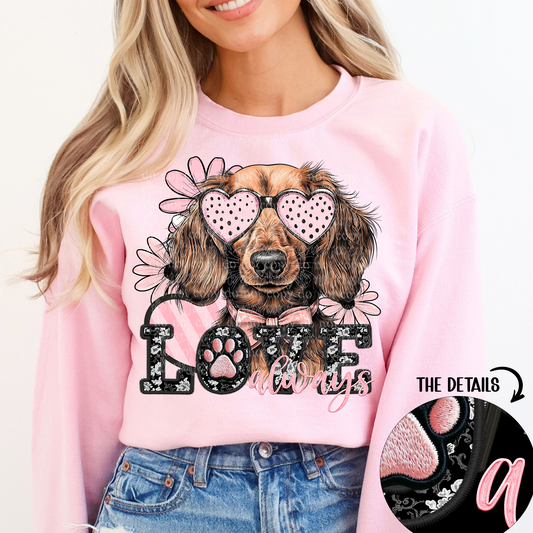 Love Always Red Long Haired Dachshund Faux Embroidery DTF & Sublimation Transfer