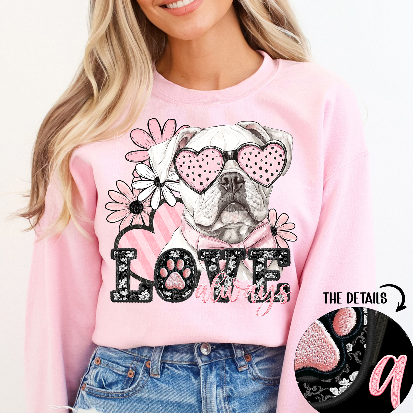 Love Always White American Bulldog Faux Embroidery DTF & Sublimation Transfer