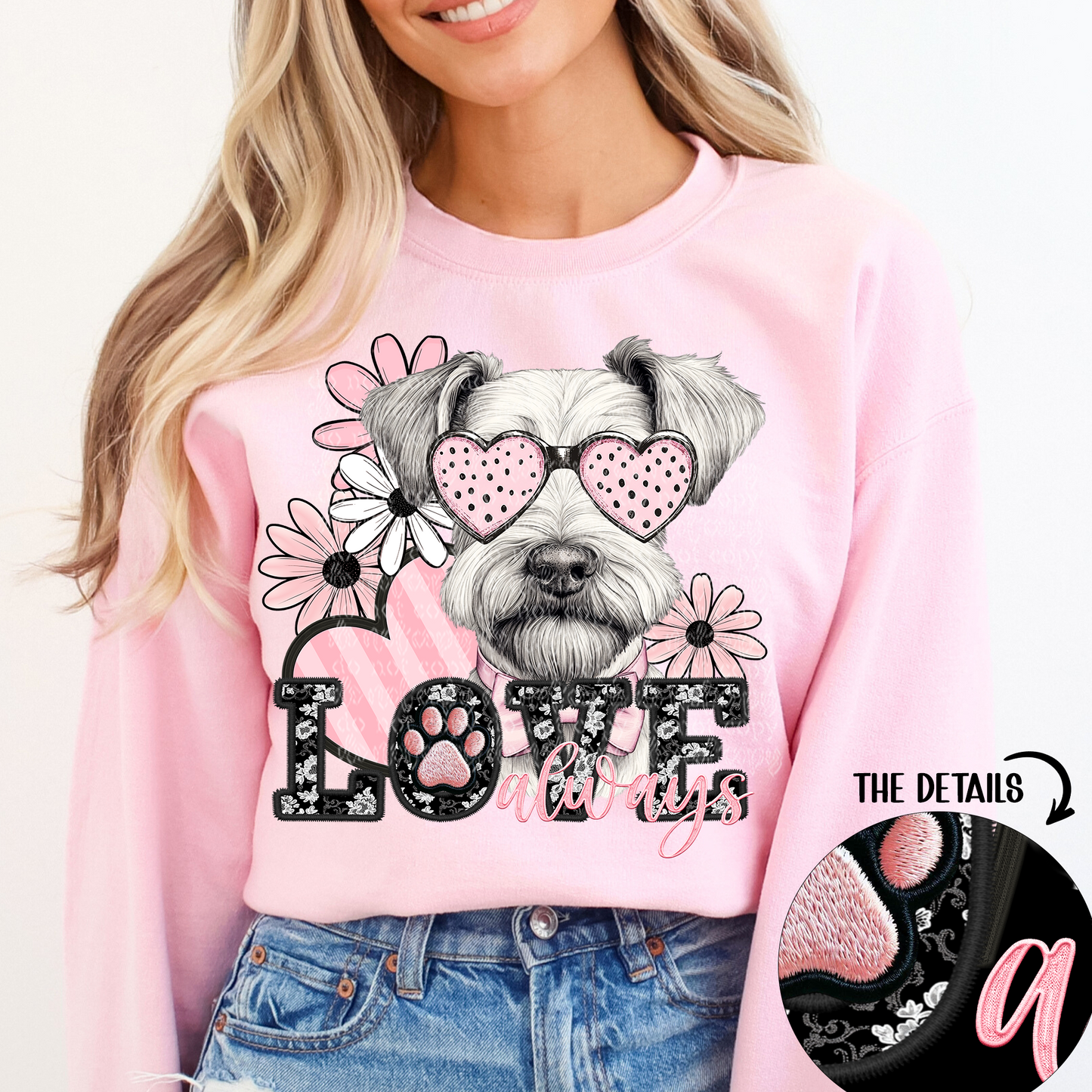 Love Always White Schnauzer Faux Embroidery DTF & Sublimation Transfer