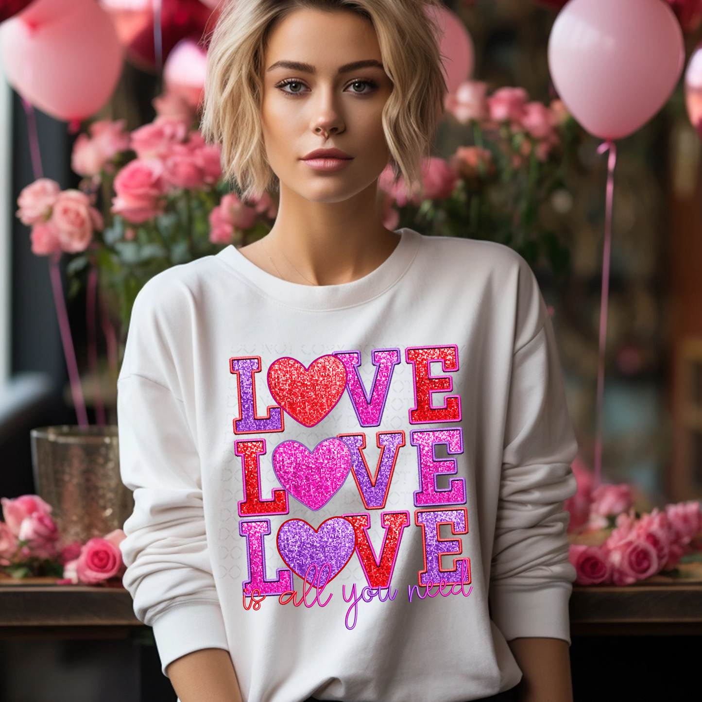 Love is All You Need Faux Embroidery and Sparkles DTF & Sublimation Transfer