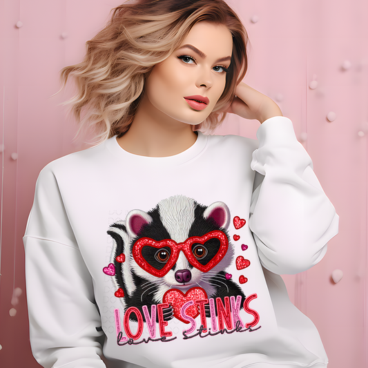 Love Stinks Skunk Faux Embroidery and Sparkles DTF & Sublimation Transfer