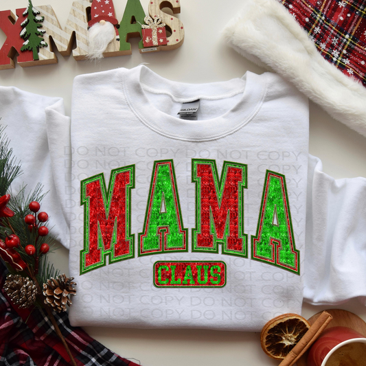 Mama Claus **EXCLUSIVE** Faux Embroidery and Tinsel DTF & Sublimation Transfer