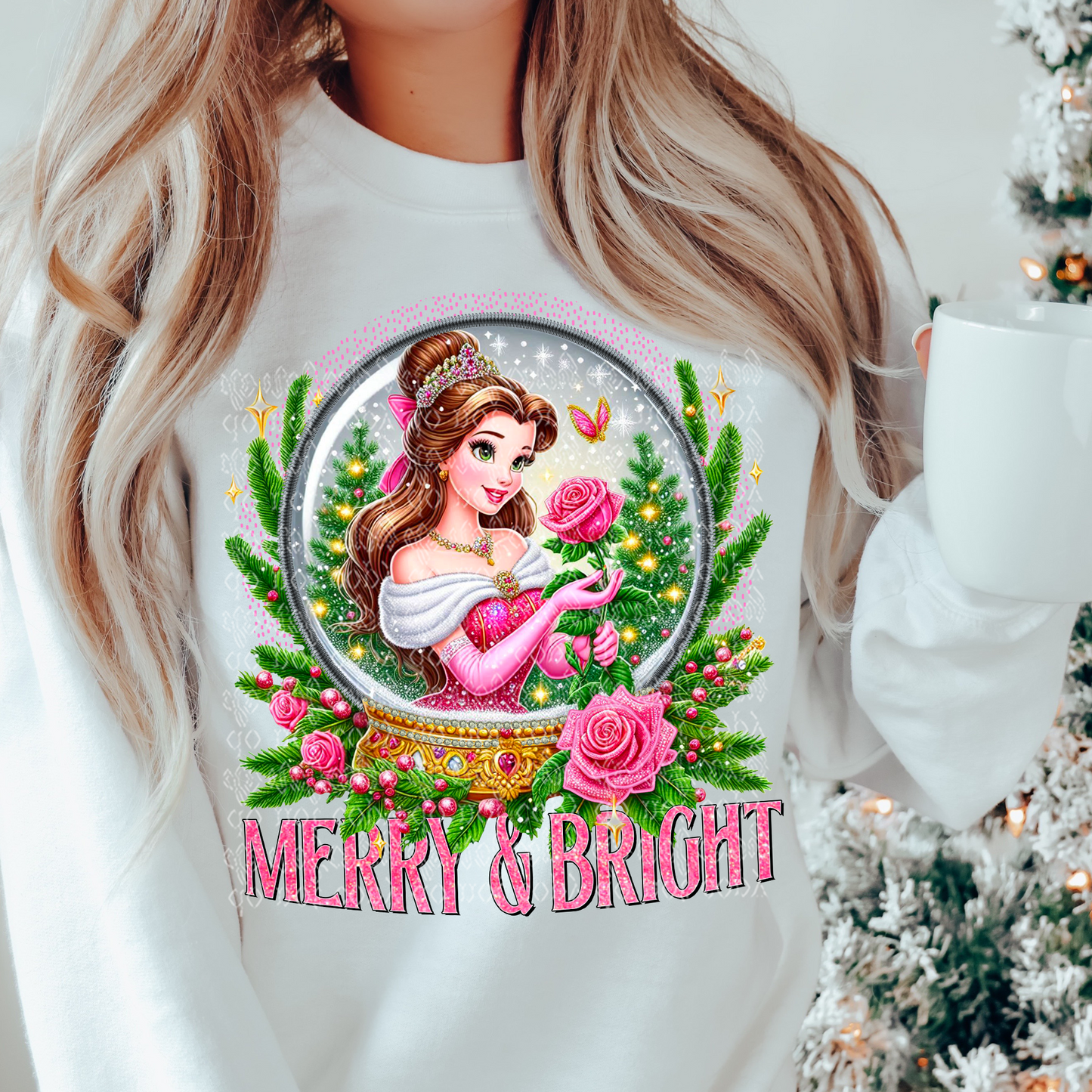 Merry and Bright Snow Globe Faux Rhinestone & Faux Embroidery DTF & Sublimation Transfer