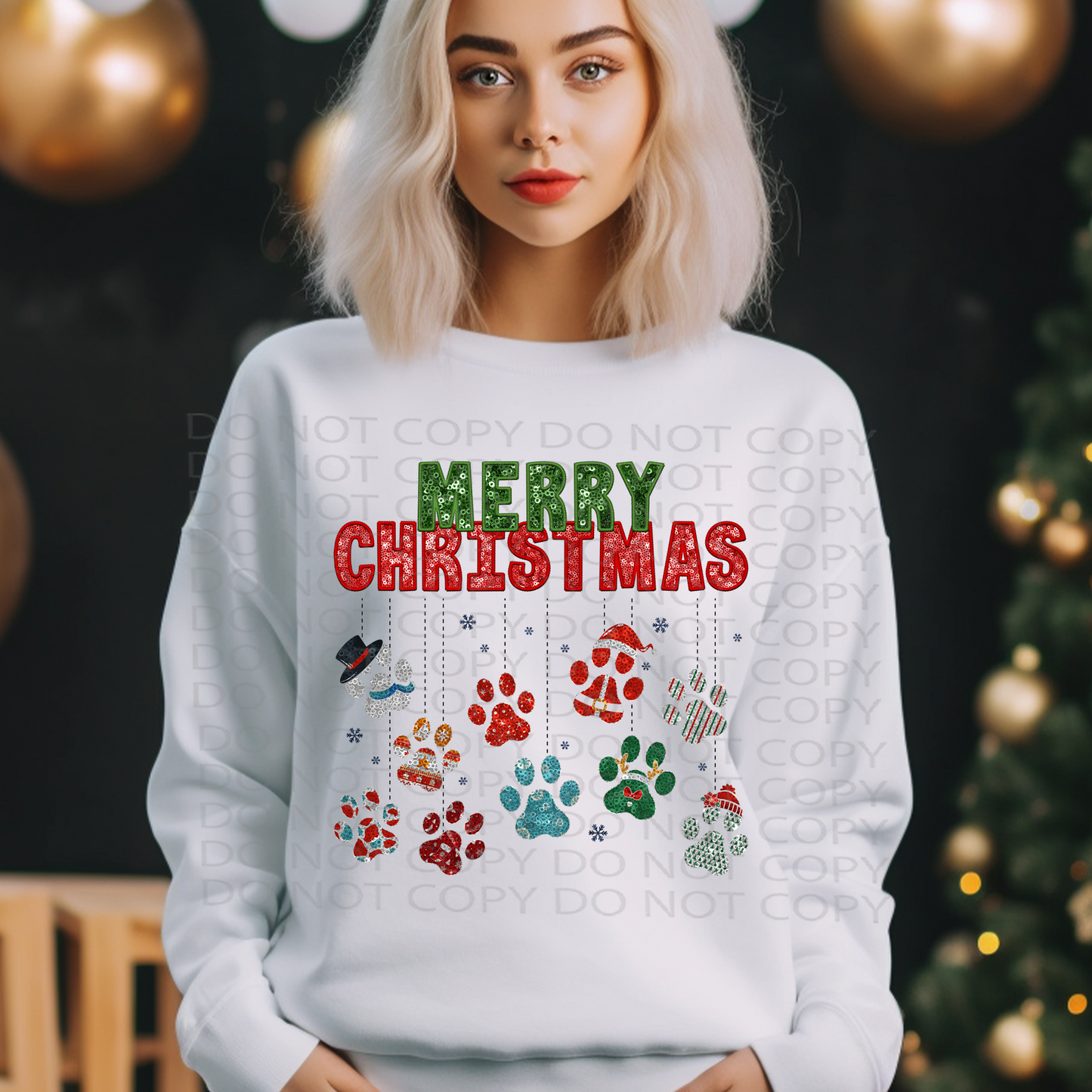 Merry Christmas Paws **EXCLUSIVE** Faux Embroidery and Sparkles DTF & Sublimation Transfer