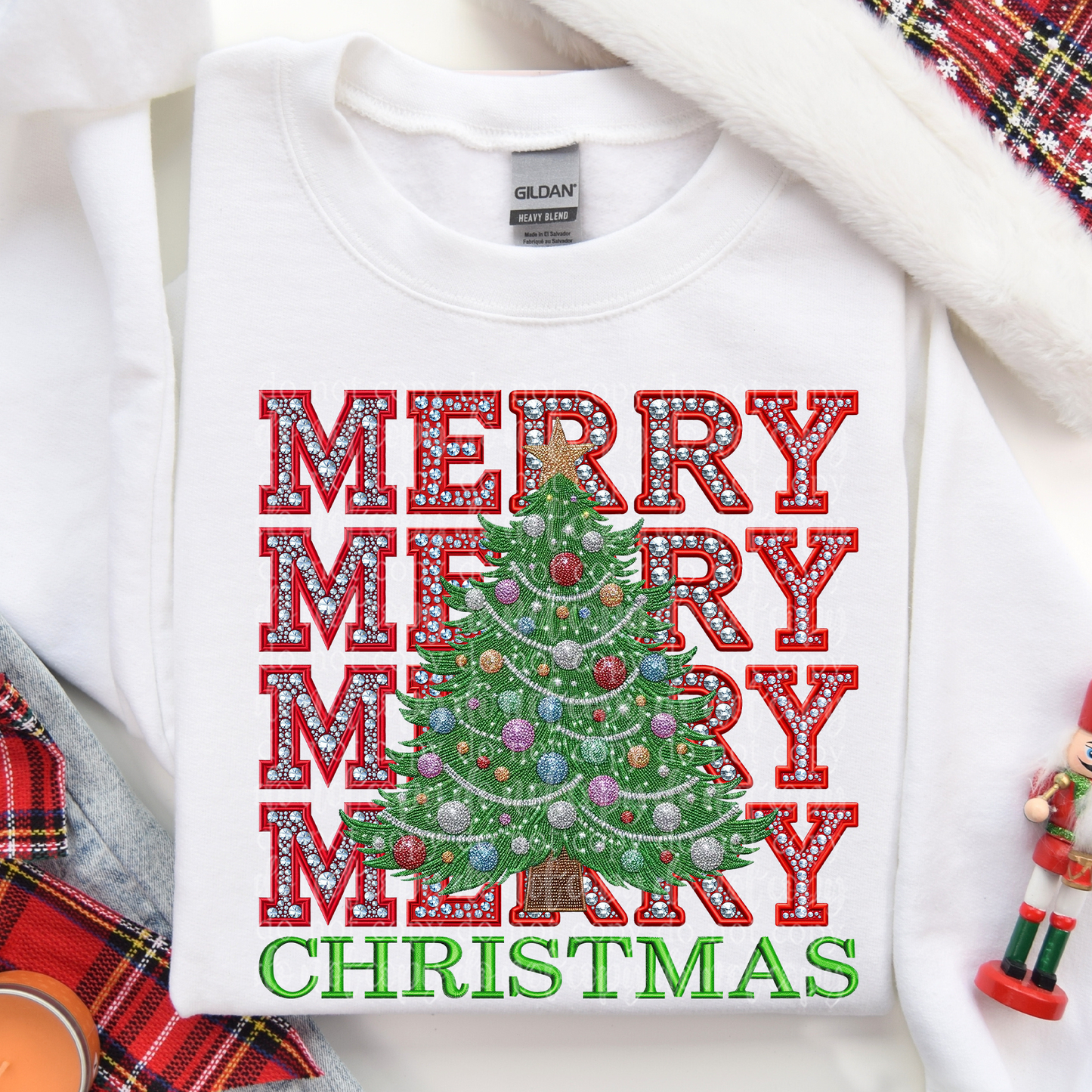 Merry Christmas Tree Faux Rhinestone & Faux Embroidery DTF & Sublimation Transfer