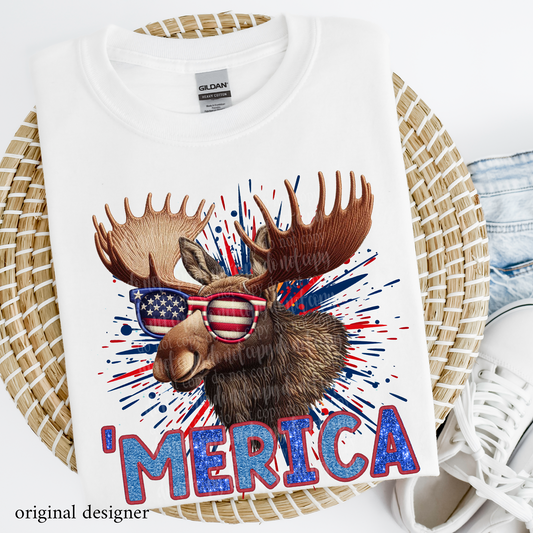 Moose 'Merica **EXCLUSIVE** Faux Embroidery, Chenille, & Sparkle DTF & Sublimation Transfer