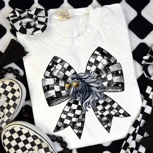 Mustang / Colt Checker Coquette Bow Faux Sequin, Faux Rhinestone & Faux Embroidery DTF & Sublimation Transfer