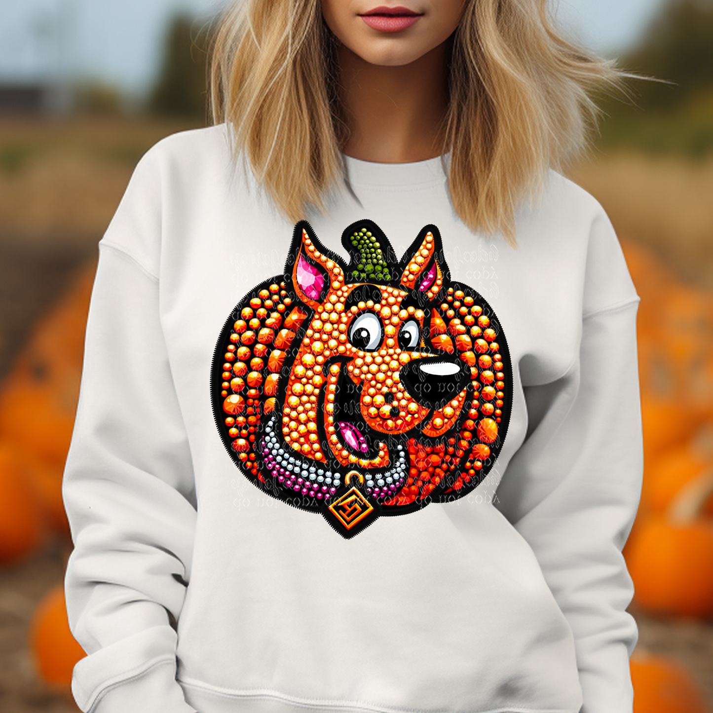 Mystery Dog Pumpkin Faux Rhinestone & Faux Embroidery DTF & Sublimation Transfer