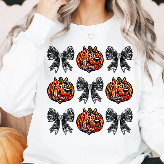 Mystery Dog Pumpkin with Bows Faux Rhinestone & Faux Embroidery DTF & Sublimation Transfer