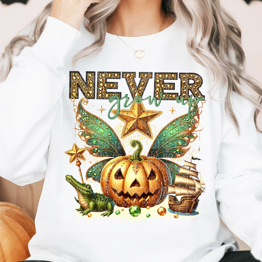 Never Grow Up Fairytale Pumpkin Faux Rhinestone & Faux Embroidery DTF & Sublimation Transfer