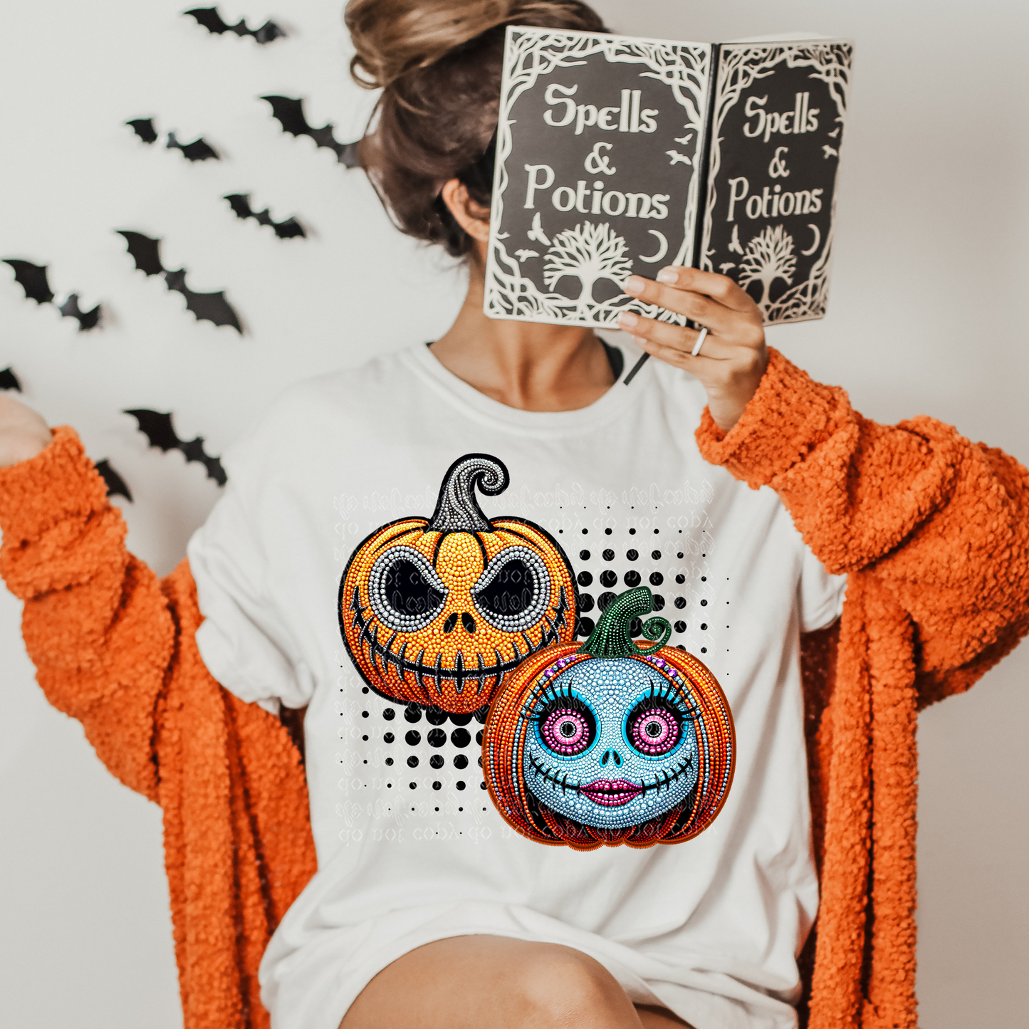 Nightmare Pumpkin Couple Faux Rhinestone & Faux Embroidery DTF & Sublimation Transfer