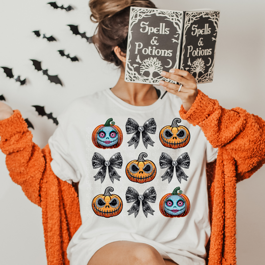 Nightmare Pumpkin Couple with Bows Faux Rhinestone & Faux Embroidery DTF & Sublimation Transfer