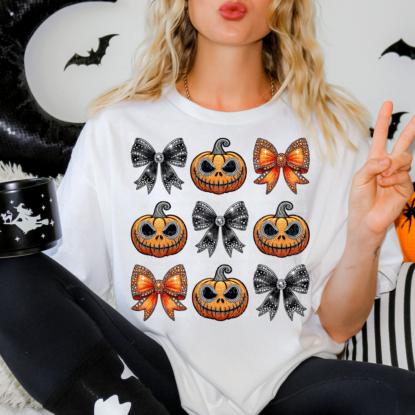 Nightmare Pumpkin with Bows Faux Rhinestone & Faux Embroidery DTF & Sublimation Transfer