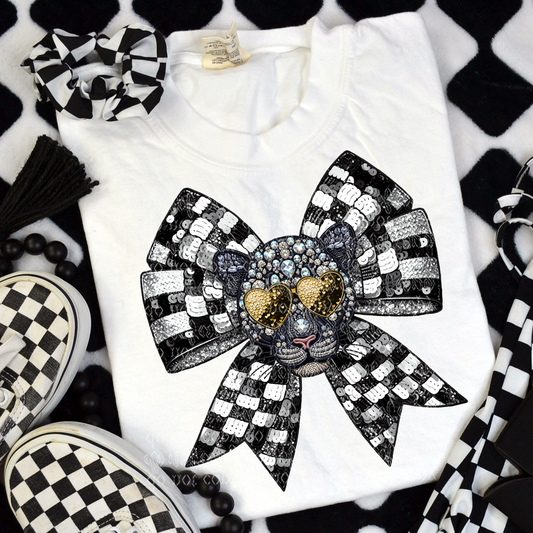 Panther Checker Coquette Bow Faux Sequin, Faux Rhinestone & Faux Embroidery DTF & Sublimation Transfer