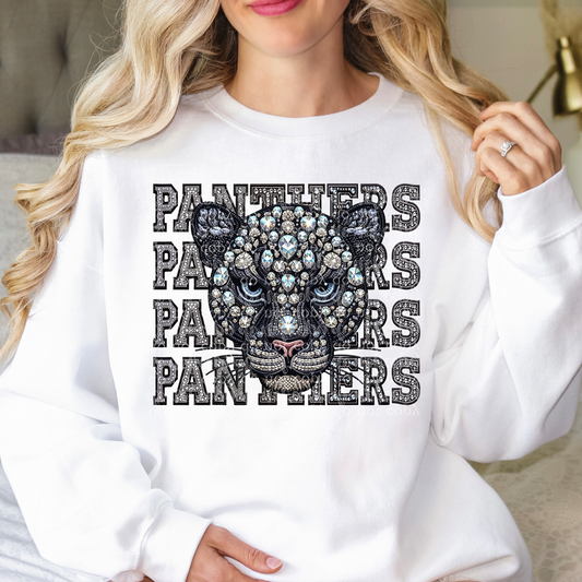 Panthers Mascot Repeat Words Faux Rhinestone & Faux Embroidery DTF & Sublimation Transfer