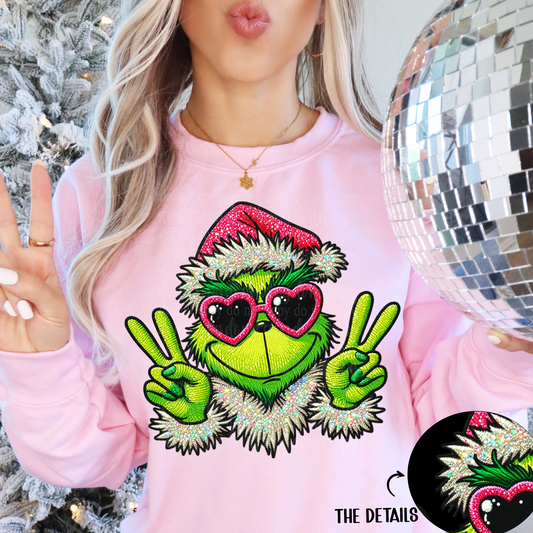 Peace Green Monster with Sunnies Faux Embroidery DTF & Sublimation Transfer