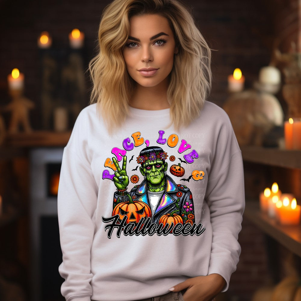 Peace Love Halloween Monster Faux Holographic Look DTF & Sublimation Transfer