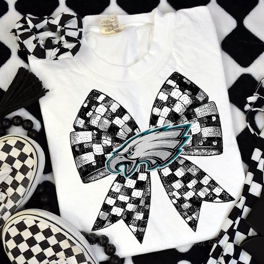 Philadelphia Checker Coquette Bow Faux Sequin, Faux Rhinestone & Faux Embroidery DTF & Sublimation Transfer