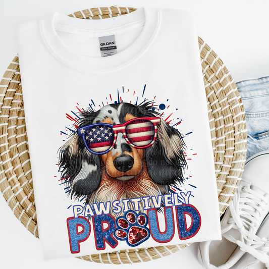 Piebald Dachshund Long Haired Pawsitively Proud **EXCLUSIVE** Faux Embroidery, Chenille, & Sparkle DTF & Sublimation Transfer