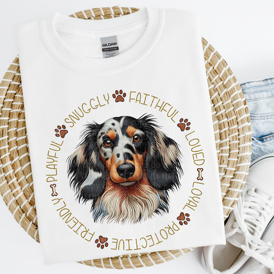 Piebald Dachshund Long Haired Pet Traits **EXCLUSIVE** Faux Embroidery & Faux Sparkle DTF & Sublimation Transfer