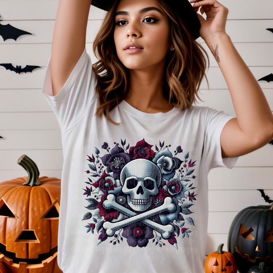 Skull and Cross Bones Pieces of Halloween Faux Embroidery DTF & Sublimation Transfer