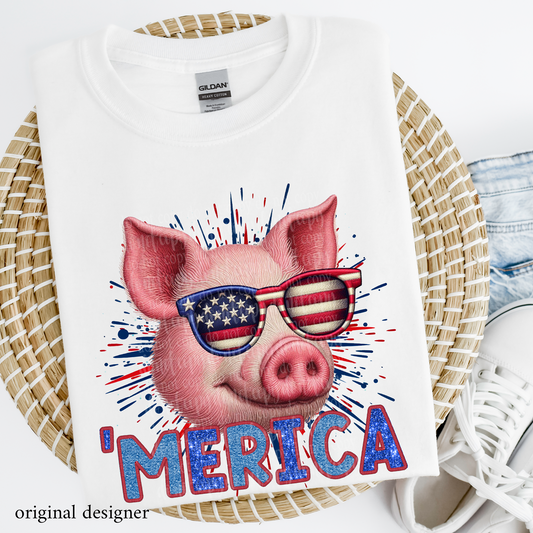 Pig 'Merica **EXCLUSIVE** Faux Embroidery, Chenille, & Sparkle DTF & Sublimation Transfer