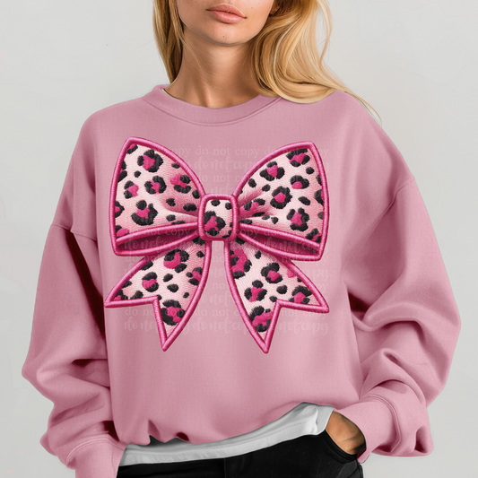 Pink Leopard Coquette Bow Faux Embroidery DTF & Sublimation Transfer