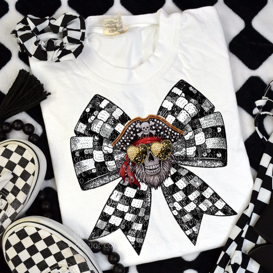 Pirate Checker Coquette Bow Faux Sequin, Faux Rhinestone & Faux Embroidery DTF & Sublimation Transfer