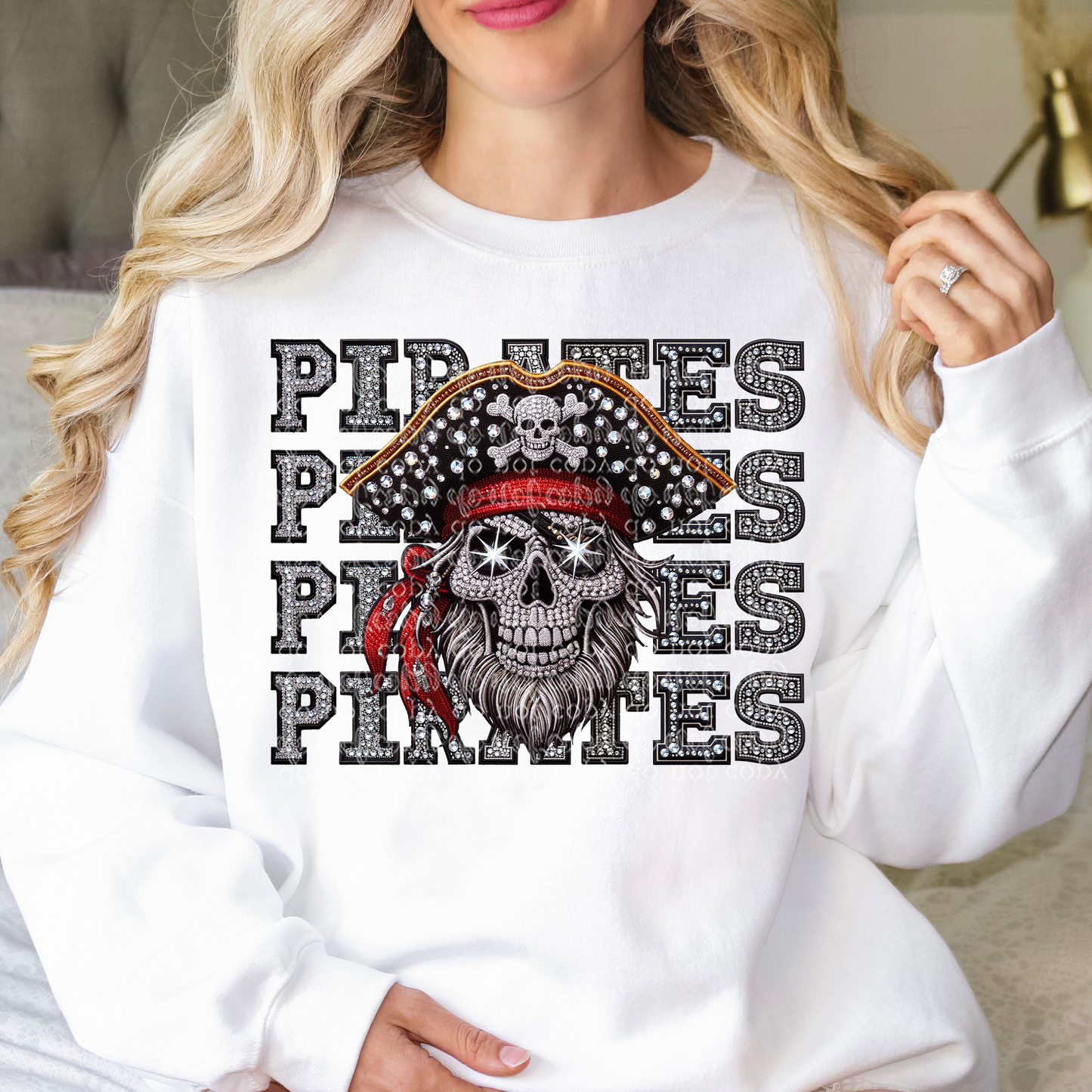 Pirates Mascot Repeat Words Faux Rhinestone & Faux Embroidery DTF & Sublimation Transfer