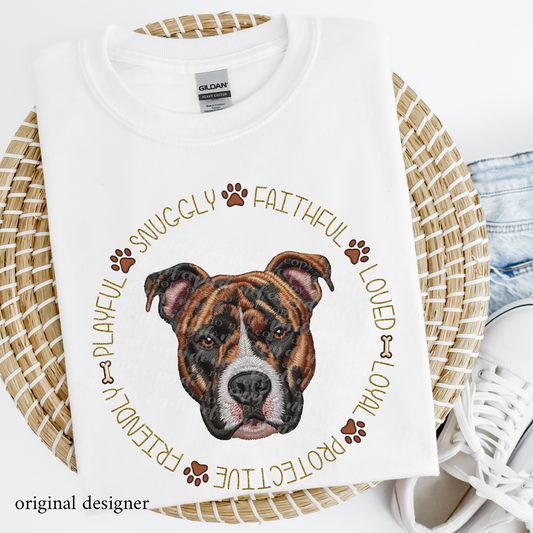 Pitbull (brindle) Pet Traits **EXCLUSIVE** Faux Embroidery & Faux Sparkle DTF & Sublimation Transfer