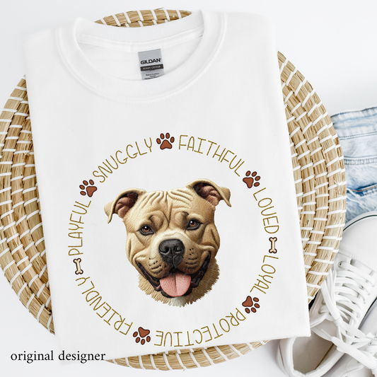 Pitbull (fawn) Pet Traits **EXCLUSIVE** Faux Embroidery & Faux Sparkle DTF & Sublimation Transfer