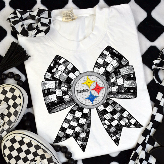 Pittsburgh Checker Coquette Bow Faux Sequin, Faux Rhinestone & Faux Embroidery DTF & Sublimation Transfer