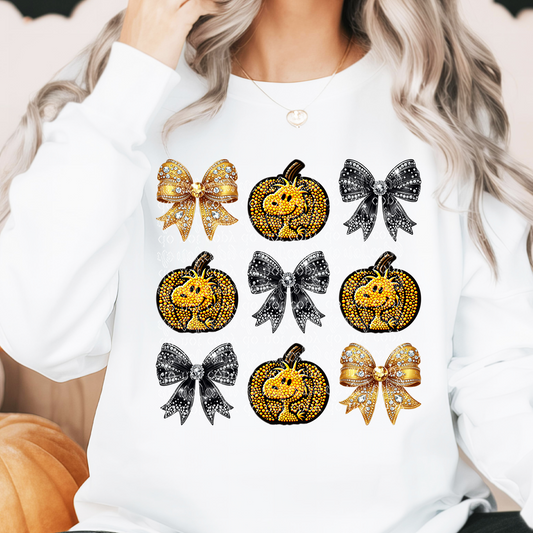 Pumpkin Bird with Bows Faux Rhinestone & Faux Embroidery DTF & Sublimation Transfer