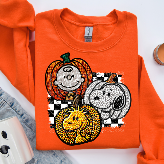 Pumpkin Dog Friends Faux Rhinestone & Faux Embroidery DTF & Sublimation Transfer