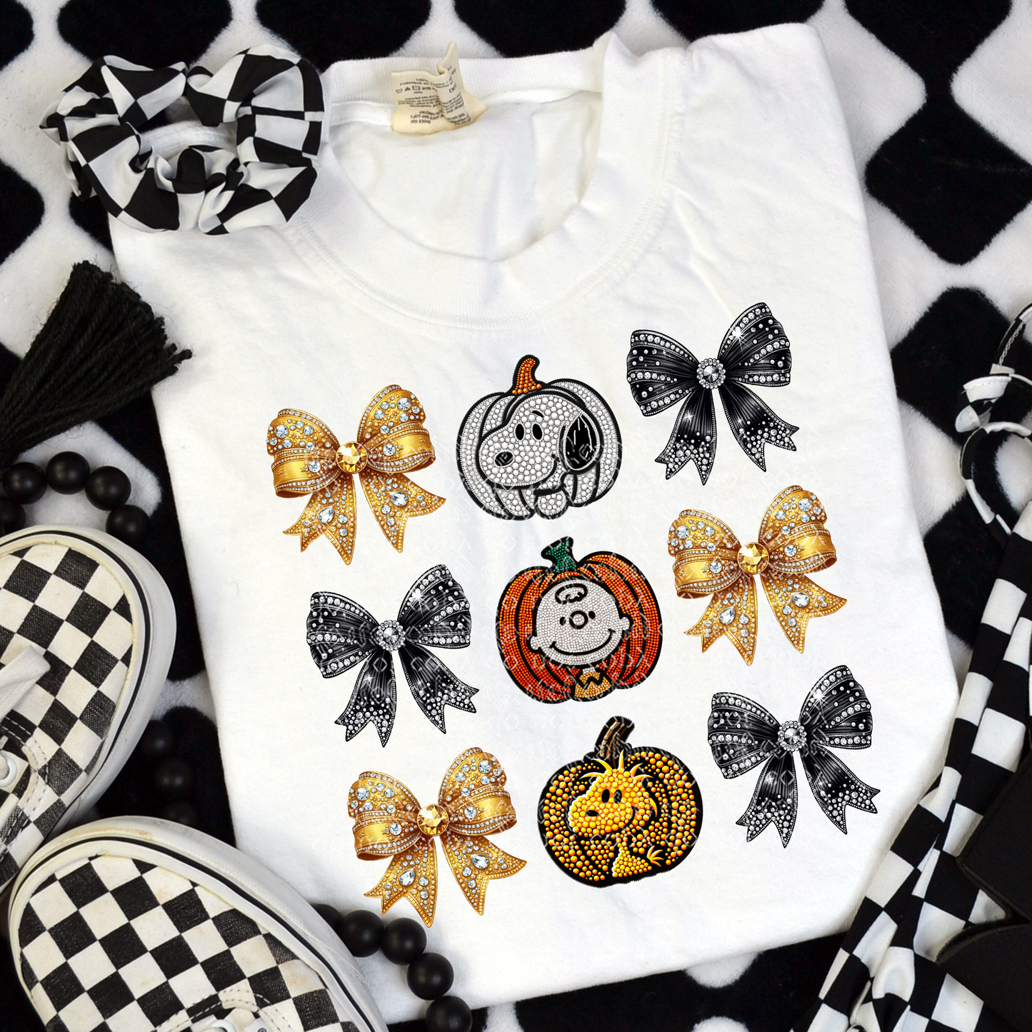 Pumpkin Dog Friends with Bows Faux Rhinestone & Faux Embroidery DTF & Sublimation Transfer