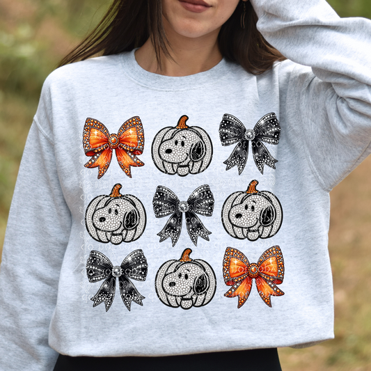 Pumpkin Dog Friend with Bows Faux Rhinestone & Faux Embroidery DTF & Sublimation Transfer