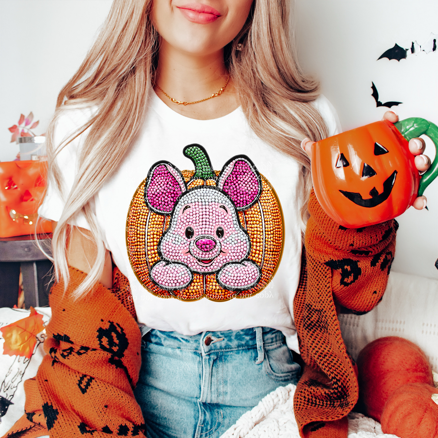 Pumpkin Pig Faux Rhinestone & Faux Embroidery DTF & Sublimation Transfer