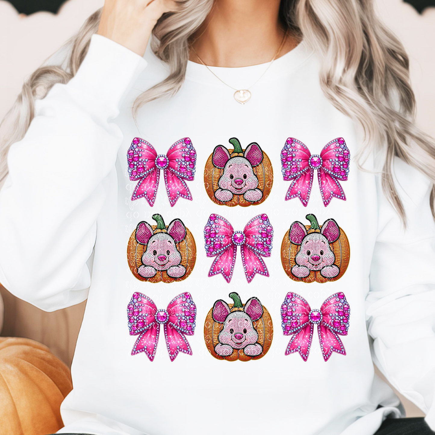 Pumpkin Pig with Bows Faux Rhinestone & Faux Embroidery DTF & Sublimation Transfer