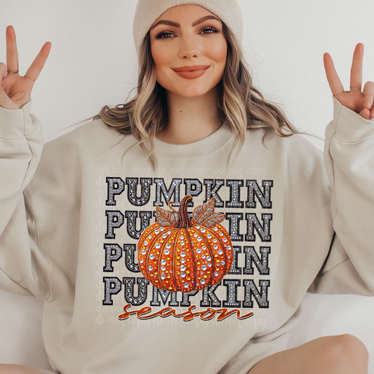 Pumpkin Season Repeat Words Faux Rhinestone & Faux Embroidery DTF & Sublimation Transfer