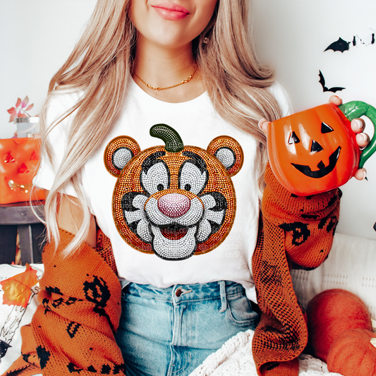 Pumpkin Tiger Faux Rhinestone & Faux Embroidery DTF & Sublimation Transfer