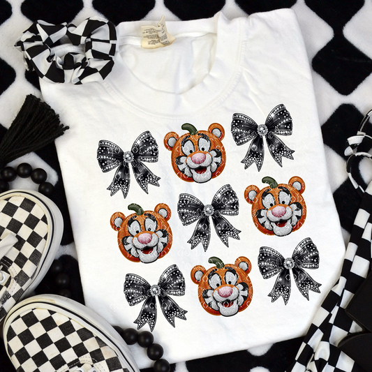 Pumpkin Tiger with Bows Faux Rhinestone & Faux Embroidery DTF & Sublimation Transfer