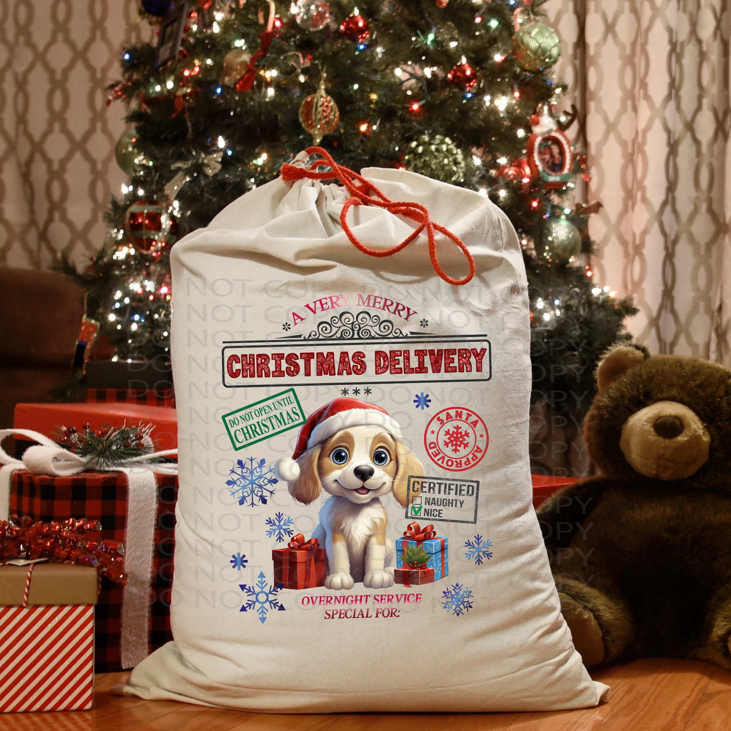 Puppy Santa Sack Faux Embroidery and Sparkles DTF Transfer