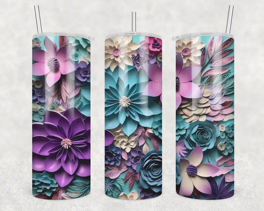 3D Purple & Teal Flowers Sublimation Transfer Tumbler Wrap 20oz (read description)